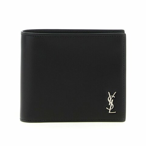 【YSL】SAINT LAURENT Tiny Cassandre East West Bifold 亮面皮革 卡夾 皮夾 短夾 黑色 銀色 607727