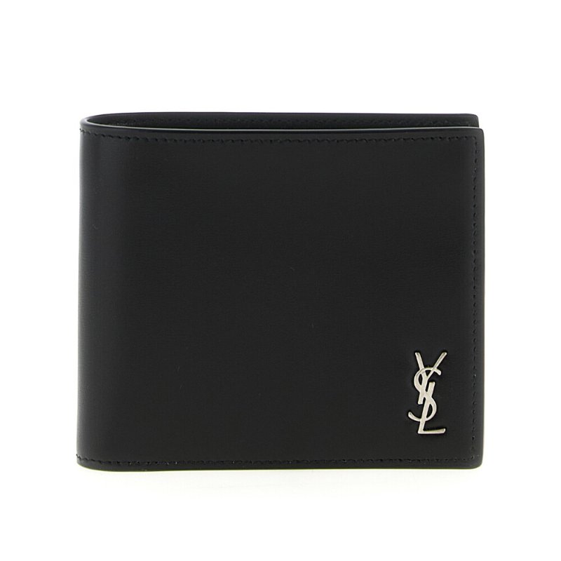 【YSL】SAINT LAURENT Tiny Cassandre East West Bifold 亮面皮革 卡夾 皮夾 短夾 黑色 銀色 607727-0