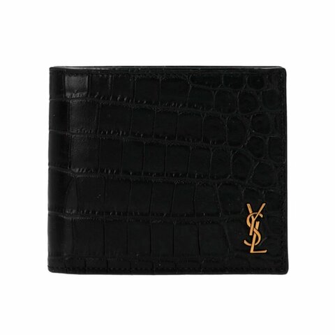 【YSL】SAINT LAURENT Tiny Cassandre East West Bifold 鱷魚皮壓紋皮革 卡夾 皮夾 短夾 黑色 金色 607727