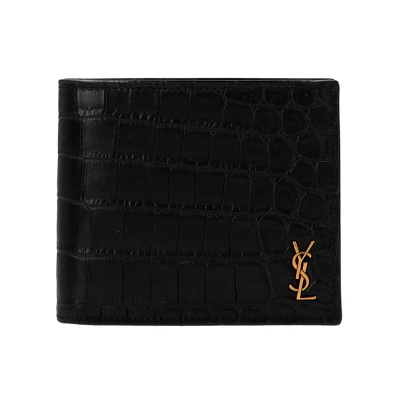 【YSL】SAINT LAURENT Tiny Cassandre East West Bifold 鱷魚皮壓紋皮革 卡夾 皮夾 短夾 黑色 金色 607727-3