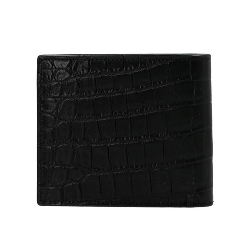 【YSL】SAINT LAURENT Tiny Cassandre East West Bifold 鱷魚皮壓紋皮革 卡夾 皮夾 短夾 黑色 金色 607727-4