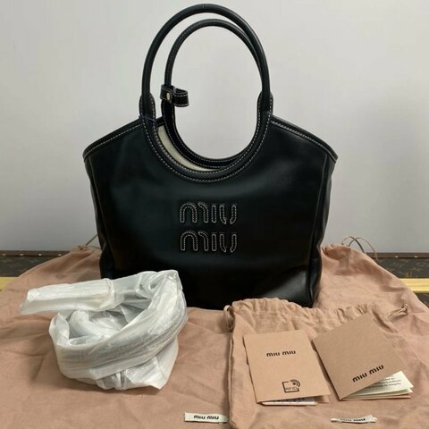 MIUMIU 黑色外縫線IVY小号手提肩背斜背托特包22*23.5*12 98新 配件塵袋