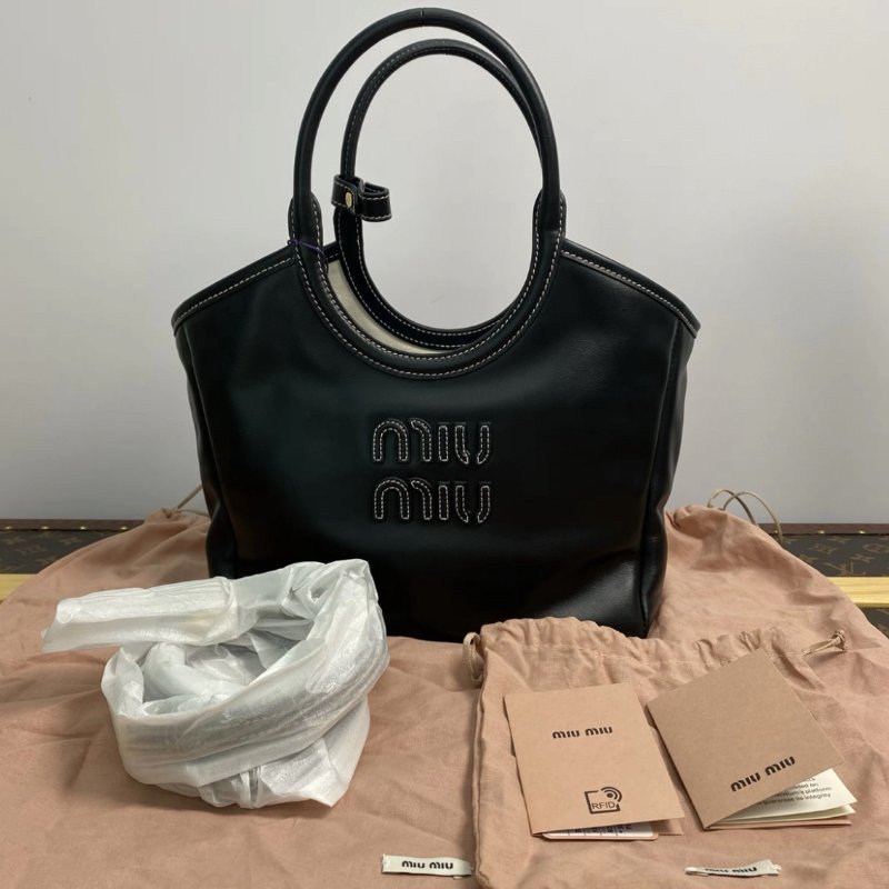 MIUMIU 黑色外縫線IVY小号手提肩背斜背托特包22*23.5*12 98新 配件塵袋-0