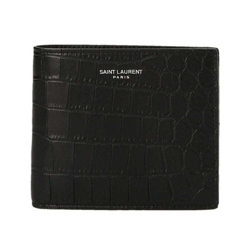 【YSL】SAINT LAURENT Paris East West Bifold 鱷魚皮壓紋皮革 卡夾 皮夾 短夾 黑色 396307-0