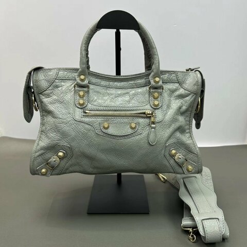 BALENCIAGA 灰色金扣小號機車手提肩背斜背包30*19*9 98新配件塵袋