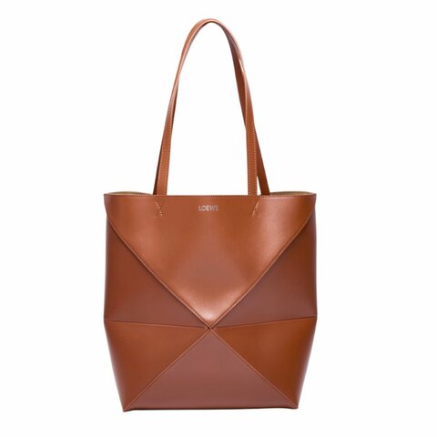 【LOEWE 羅威】Puzzle Fold Tote 中款 亮面牛皮 折疊 肩背包 托特包 松鼠棕色