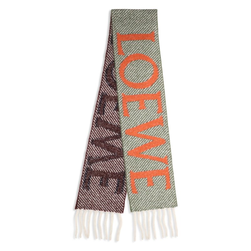 【LOEWE 羅威】Alpaca Wool 緹花織 羊駝毛和羊毛混紡 多色紋理毛圈 圍巾 海軍藍 橙色 FSA7SS3X01-0