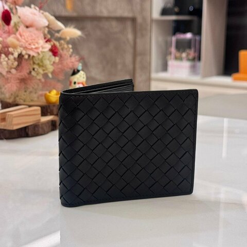 *SHIHNA名牌精品*Bottega Veneta黑色編織小牛皮短夾