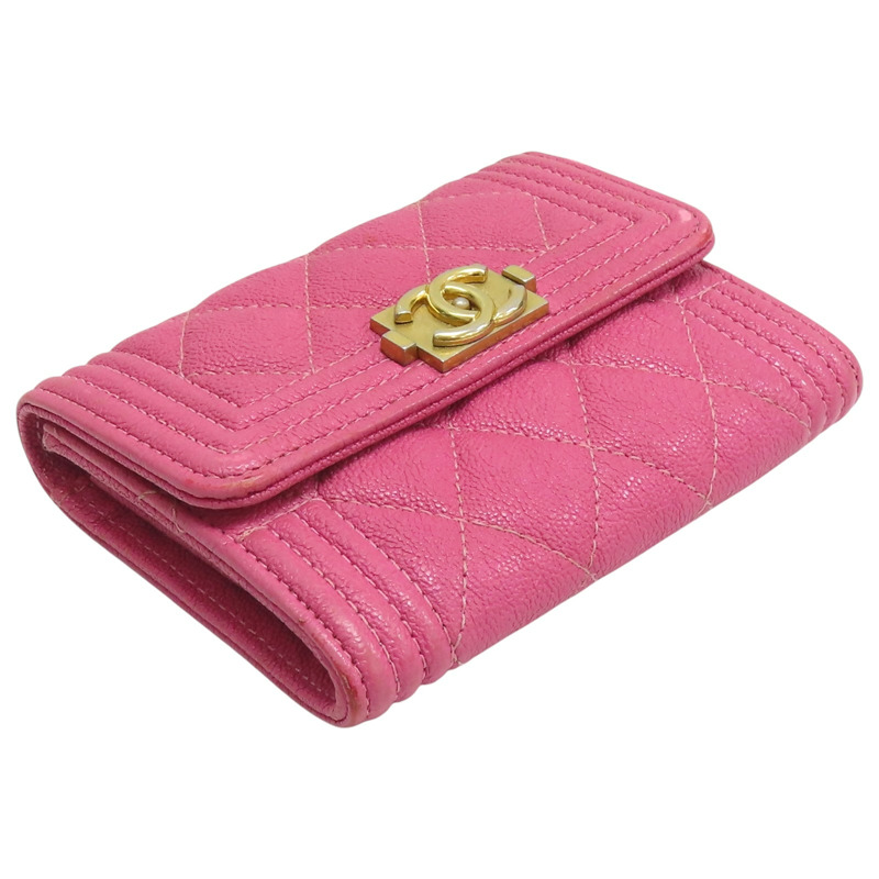 粉色 荔枝紋牛皮 BOY 扣式短夾 【CHANEL 香奈兒】-2