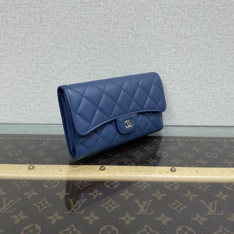 CHANEL 藍銀長款翻蓋三折疊卡包錢包18*10*2.5 98新-1