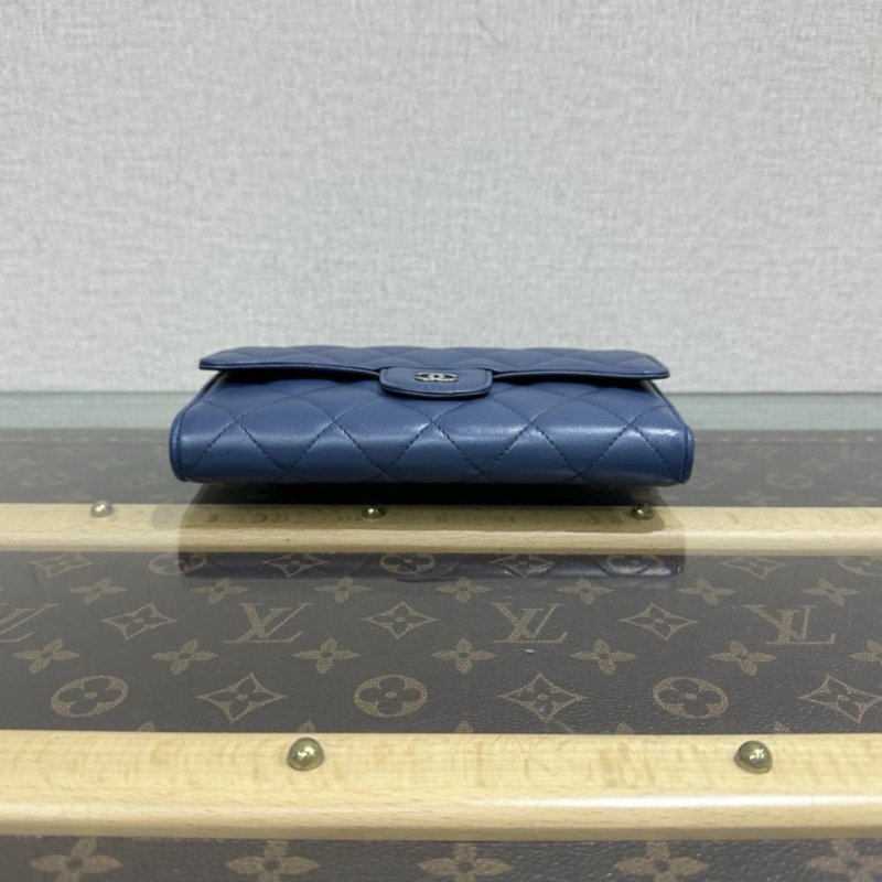 CHANEL 藍銀長款翻蓋三折疊卡包錢包18*10*2.5 98新-2