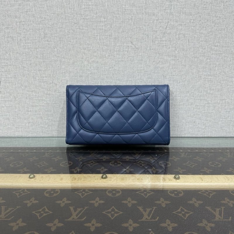 CHANEL 藍銀長款翻蓋三折疊卡包錢包18*10*2.5 98新-4