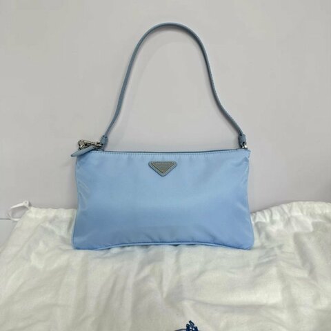 PRADA 藍色琺瑯三角標尼龍腋下肩背麻將包24.5*14 98新配件塵袋