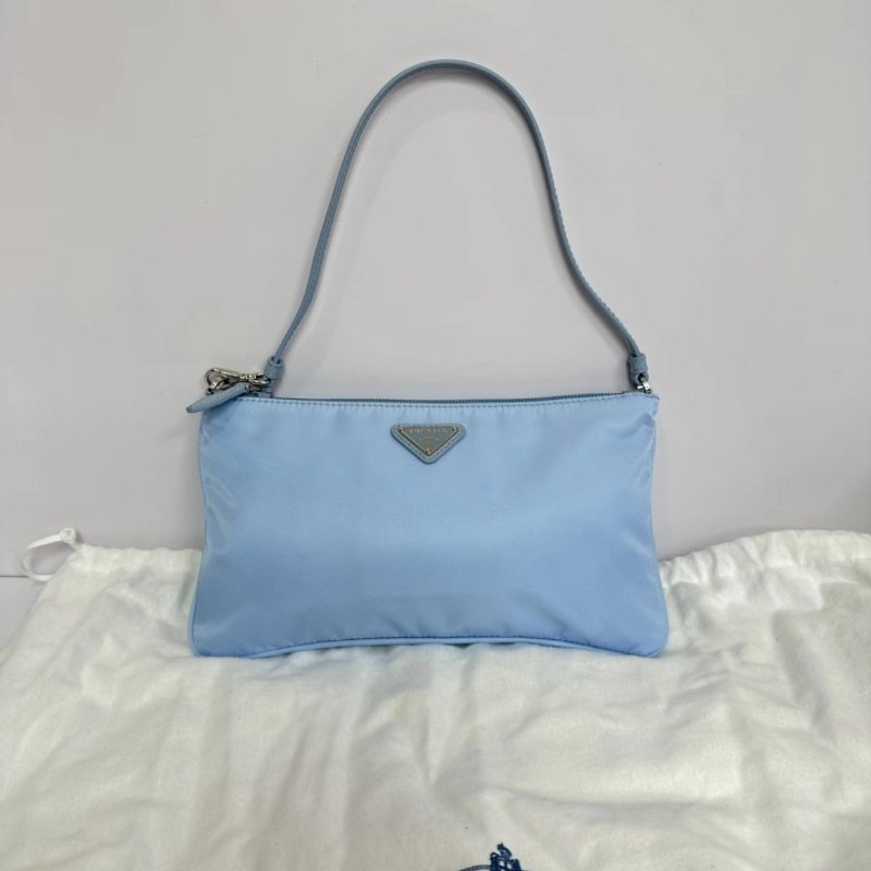 PRADA 藍色琺瑯三角標尼龍腋下肩背麻將包24.5*14 98新配件塵袋-0