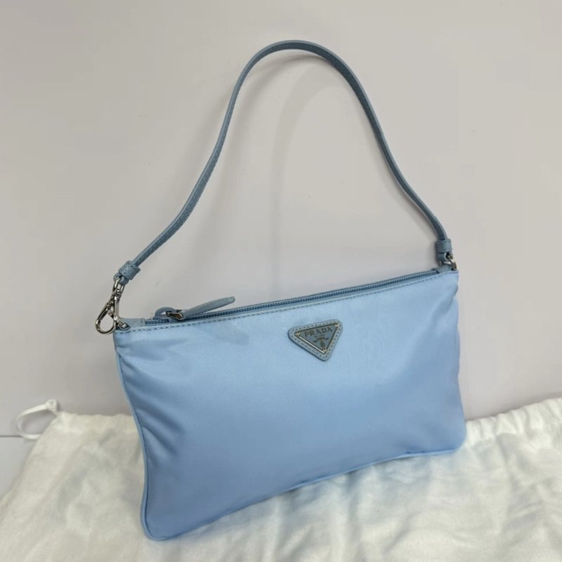 PRADA 藍色琺瑯三角標尼龍腋下肩背麻將包24.5*14 98新配件塵袋-1