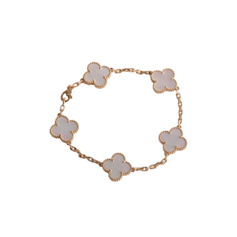 Van Cleef & Arpels VintageAlhambra中號五花手鏈新扣18K黃金/白貝母S-M碼黃金手鍊/手環-0