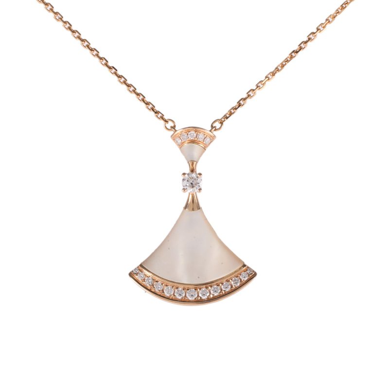 BVLGARI DIVASDREAM扇邊鑲鑽項鏈中號珍珠母貝18K玫瑰金/鑽石/白貝母項鏈玫瑰金18K項鍊-0