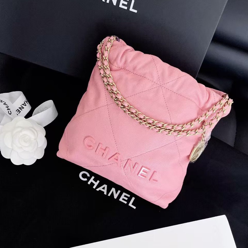 【全新品】CHANEL香奈兒22bag mini垃圾袋 so pink系列櫻花粉 牛皮魚子醬荔枝皮手提斜挎包-0