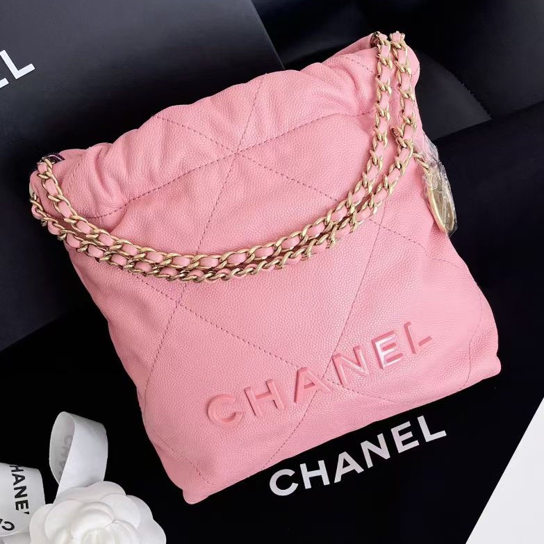【全新品】CHANEL香奈兒22bag mini垃圾袋 so pink系列櫻花粉 牛皮魚子醬荔枝皮手提斜挎包-2