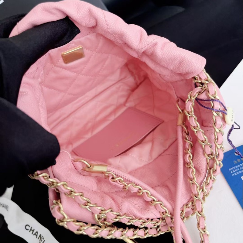 【全新品】CHANEL香奈兒22bag mini垃圾袋 so pink系列櫻花粉 牛皮魚子醬荔枝皮手提斜挎包-7