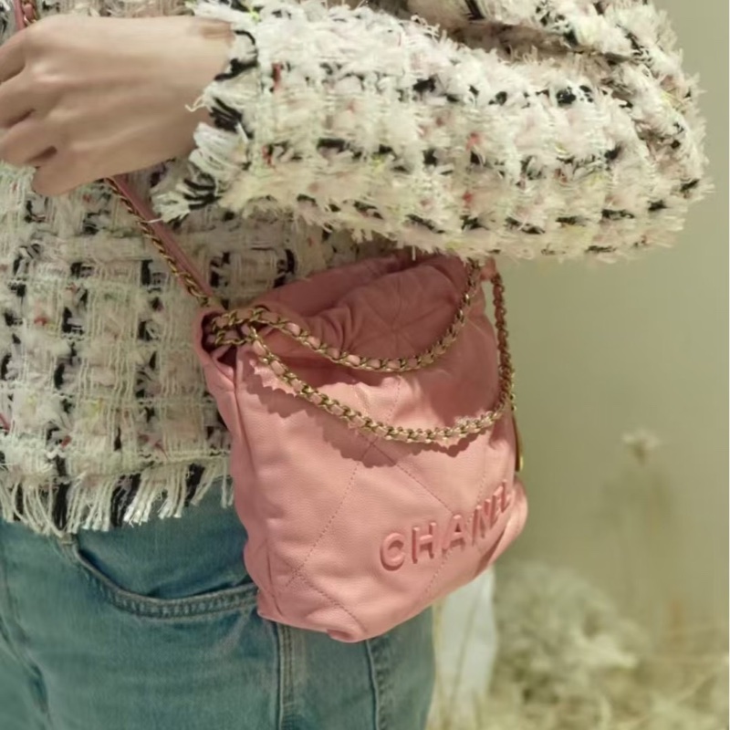 【全新品】CHANEL香奈兒22bag mini垃圾袋 so pink系列櫻花粉 牛皮魚子醬荔枝皮手提斜挎包-8