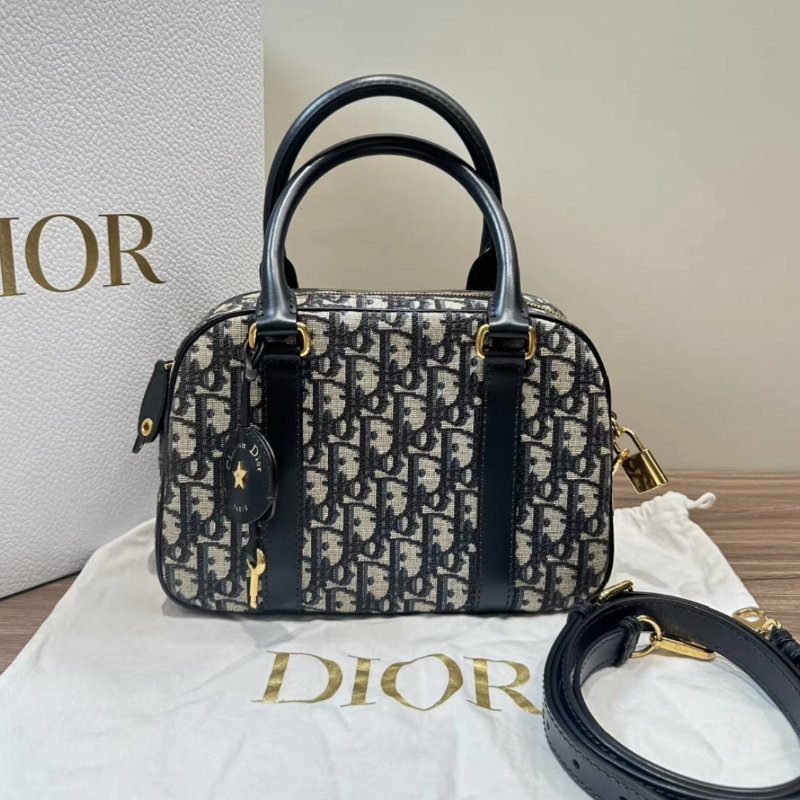 DIOR 藍色老花Oblique保齡球包中號25*16*9.5 98新配件盒子塵袋鑰匙鎖-0