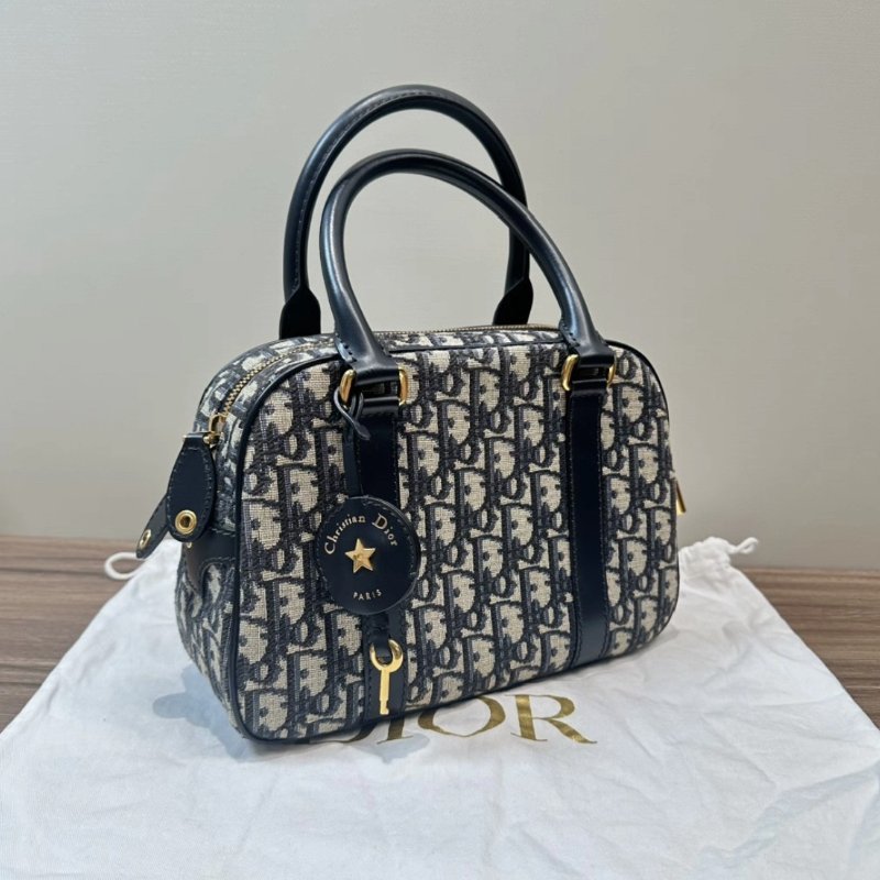 DIOR 藍色老花Oblique保齡球包中號25*16*9.5 98新配件盒子塵袋鑰匙鎖-1