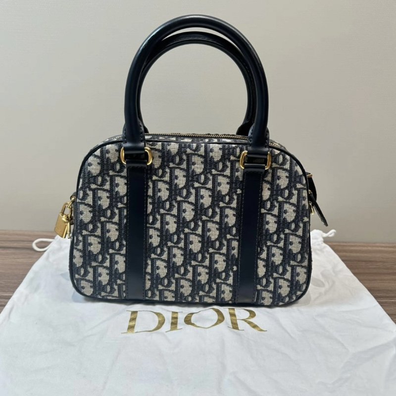 DIOR 藍色老花Oblique保齡球包中號25*16*9.5 98新配件盒子塵袋鑰匙鎖-4