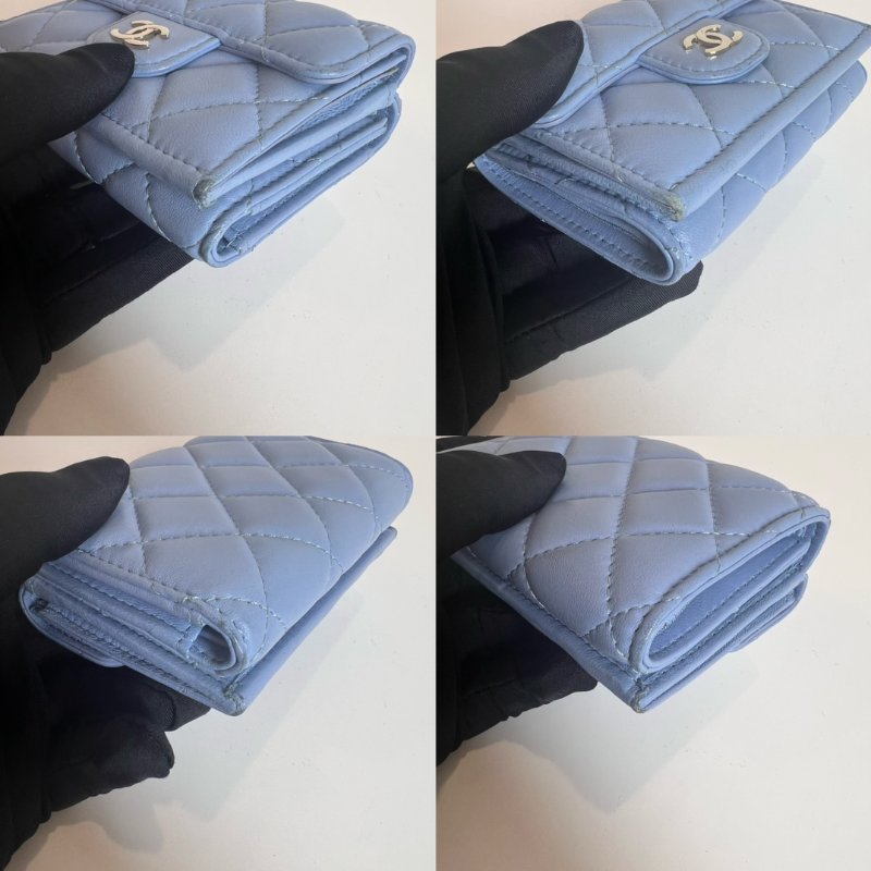 CHANEL 30開 淺藍羊皮CF三折短夾-9