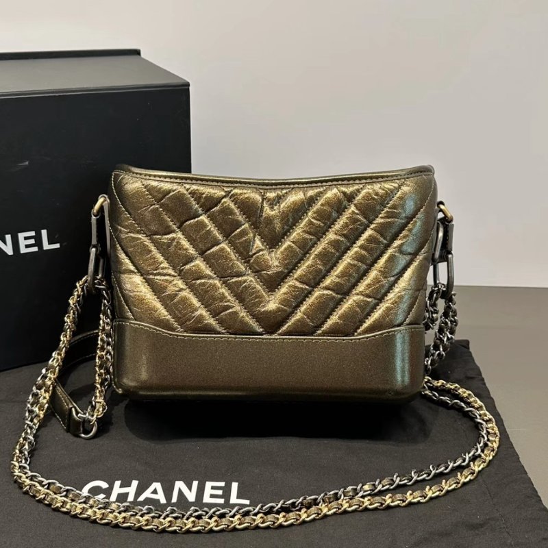 CHANEL 古銅金流浪小號牛皮v紋肩背包20*15*8 98新配件塵袋盒子-5