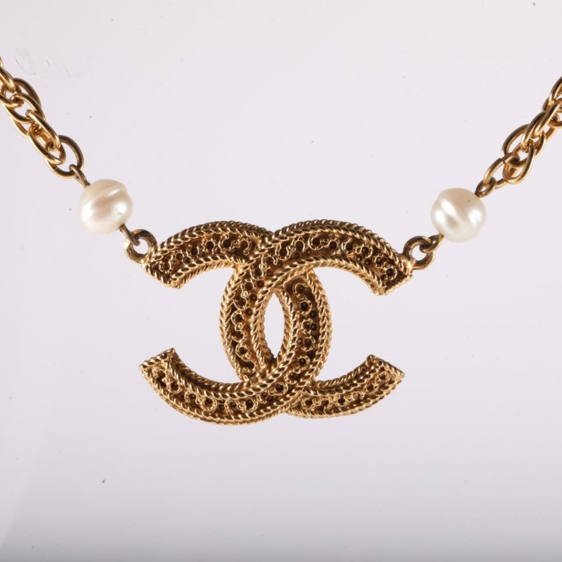 CHANEL 合金中古大雙C珍珠項鏈項鍊-1