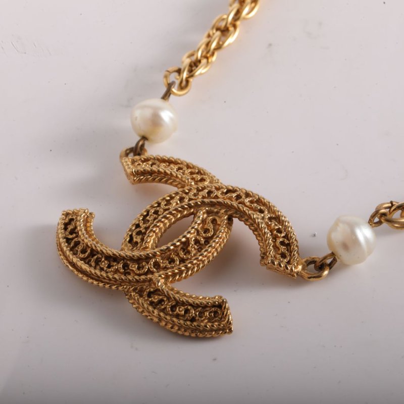 CHANEL 合金中古大雙C珍珠項鏈項鍊-2