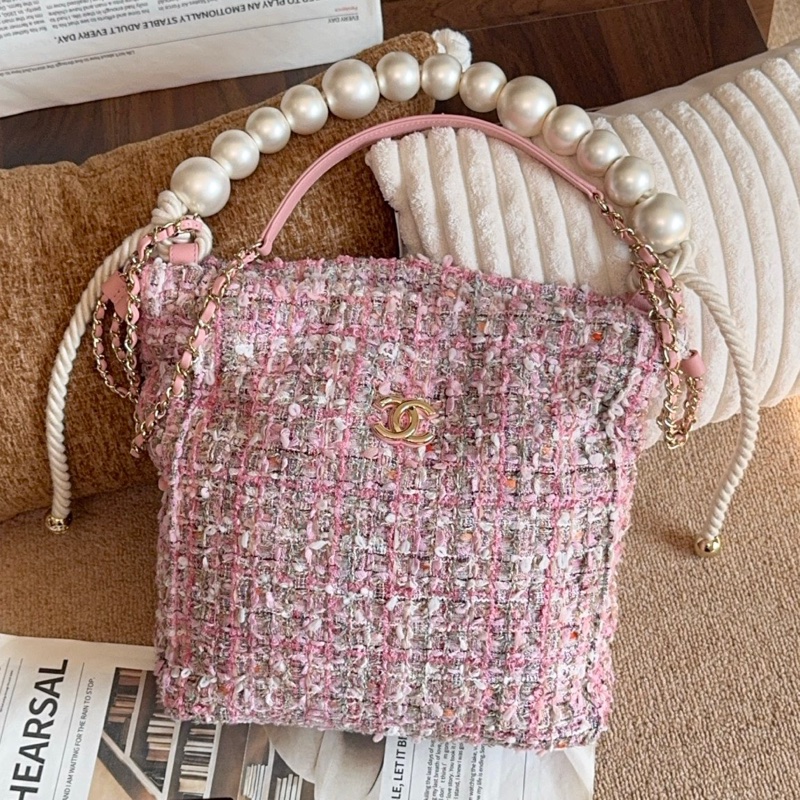 【近新閒置品】Chanel 香奈兒27開珍珠櫻花粉粗花呢手提托特包斜挎包-0