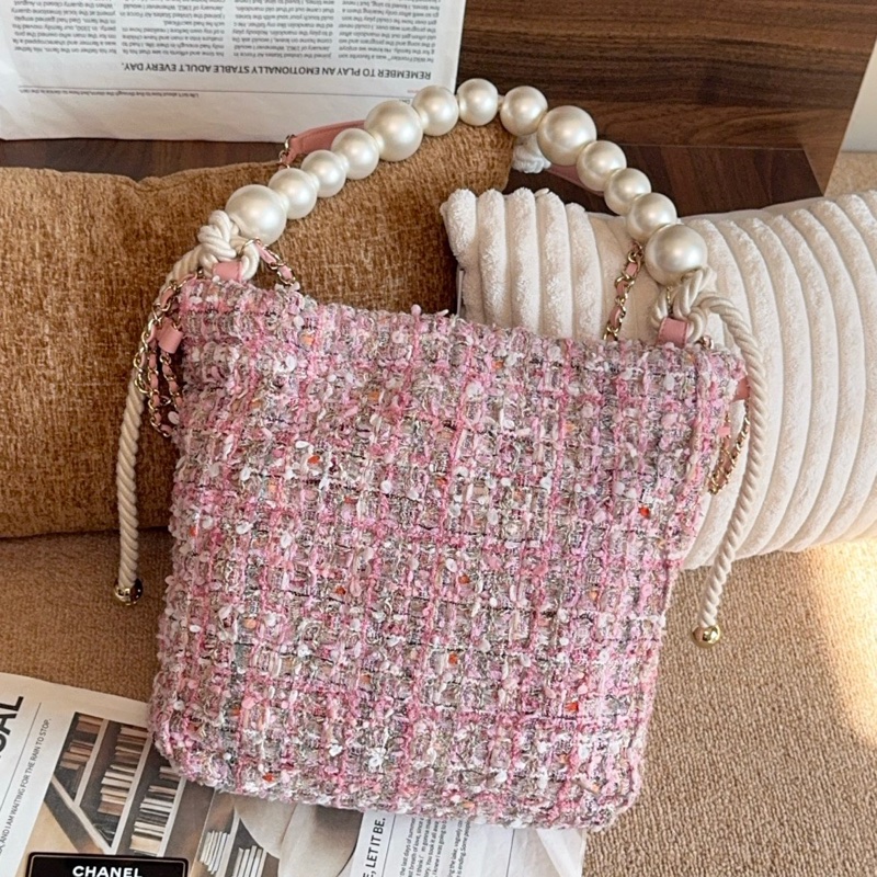 【近新閒置品】Chanel 香奈兒27開珍珠櫻花粉粗花呢手提托特包斜挎包-1