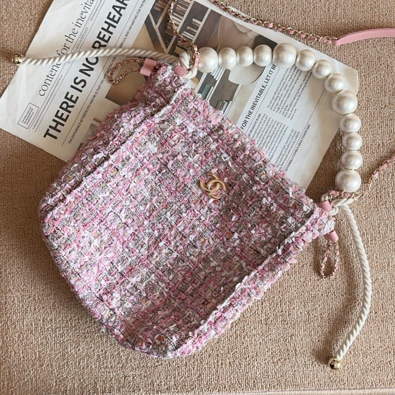 【近新閒置品】Chanel 香奈兒27開珍珠櫻花粉粗花呢手提托特包斜挎包-2