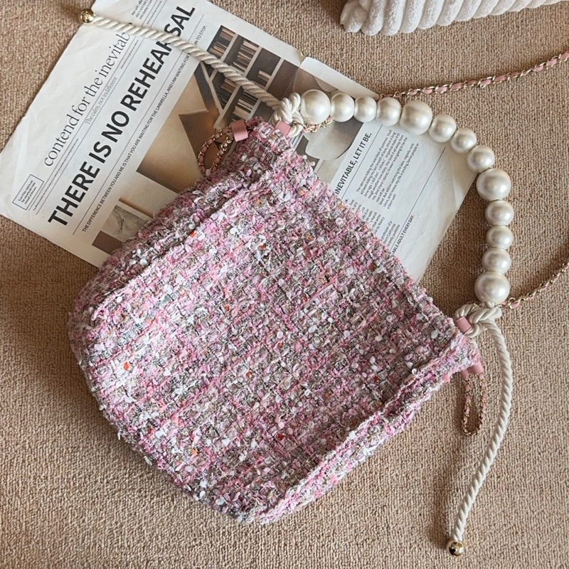 【近新閒置品】Chanel 香奈兒27開珍珠櫻花粉粗花呢手提托特包斜挎包-3