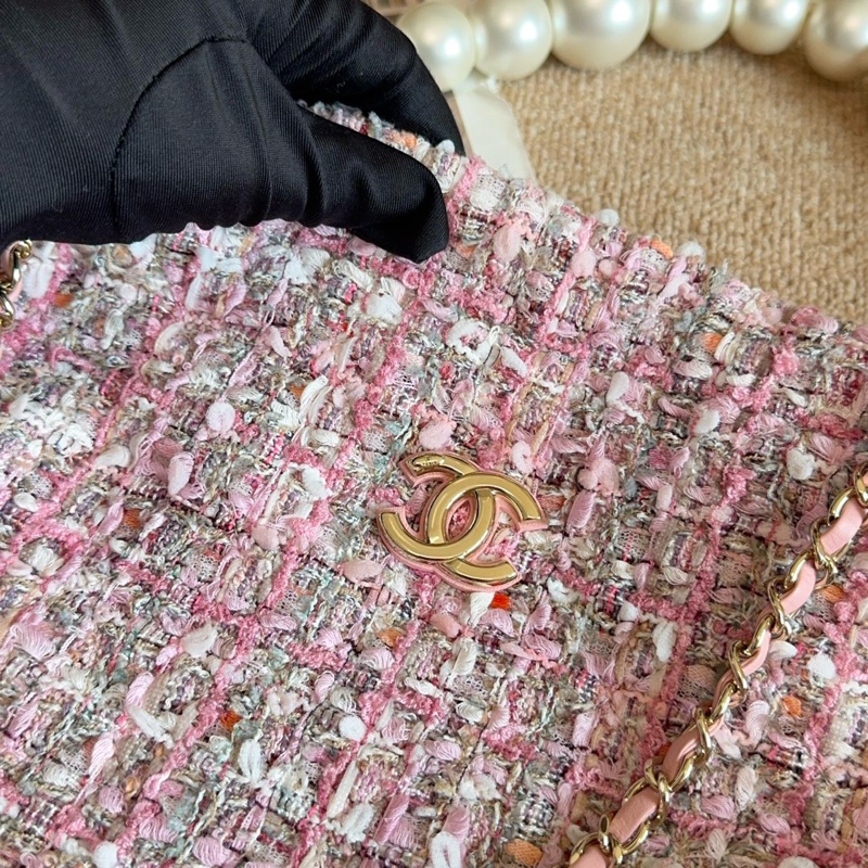 【近新閒置品】Chanel 香奈兒27開珍珠櫻花粉粗花呢手提托特包斜挎包-7