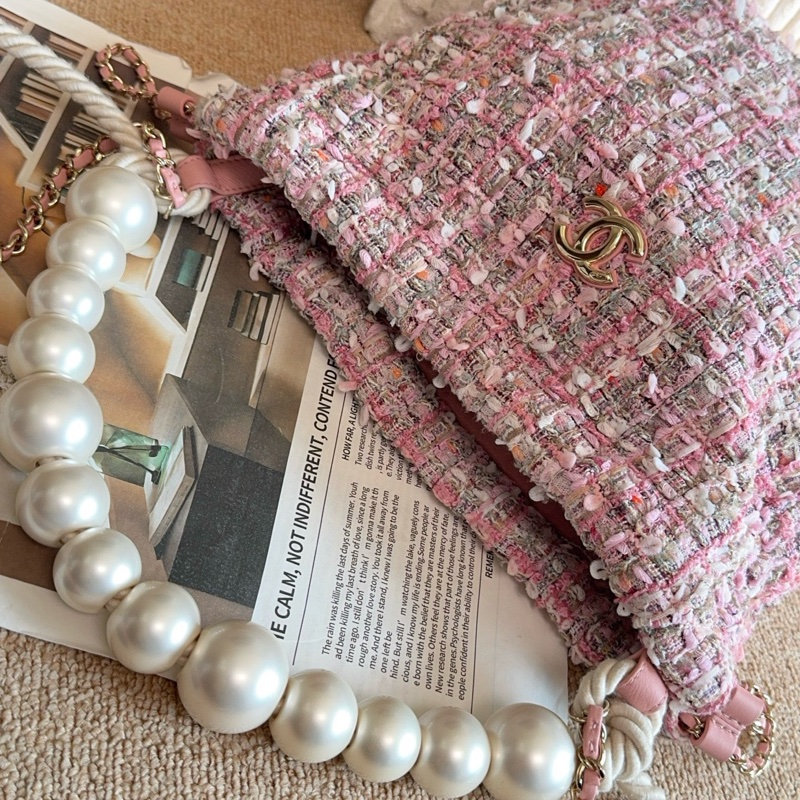 【近新閒置品】Chanel 香奈兒27開珍珠櫻花粉粗花呢手提托特包斜挎包-8