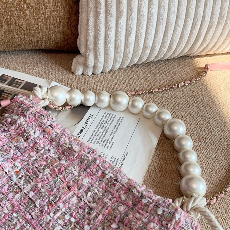 【近新閒置品】Chanel 香奈兒27開珍珠櫻花粉粗花呢手提托特包斜挎包-9