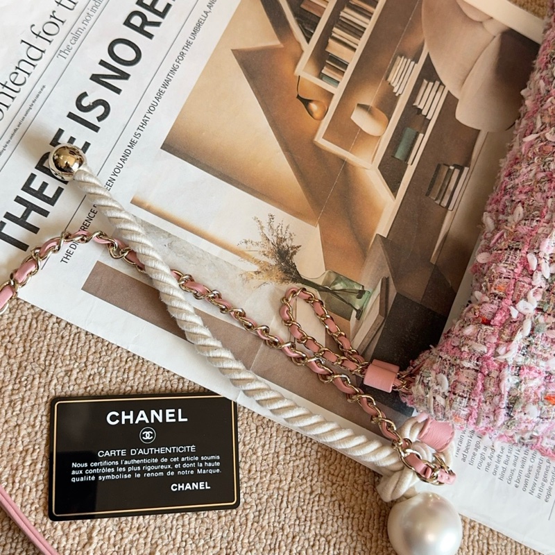 【近新閒置品】Chanel 香奈兒27開珍珠櫻花粉粗花呢手提托特包斜挎包-10