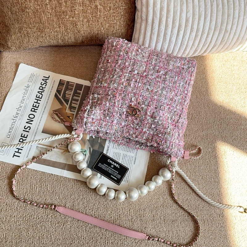 【近新閒置品】Chanel 香奈兒27開珍珠櫻花粉粗花呢手提托特包斜挎包-12