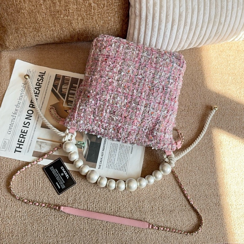 【近新閒置品】Chanel 香奈兒27開珍珠櫻花粉粗花呢手提托特包斜挎包-13