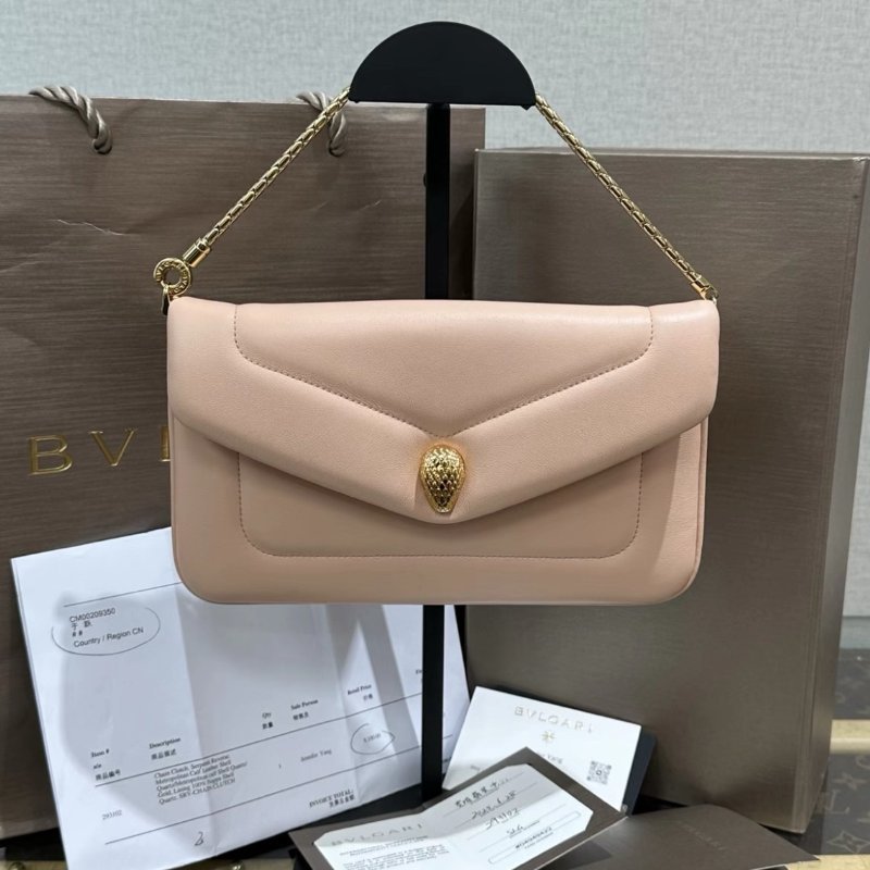 BVLGARI 肉粉色金扣七夕限定蛇頭手提包22.5*14*2 99新配件盒子塵袋保卡-0