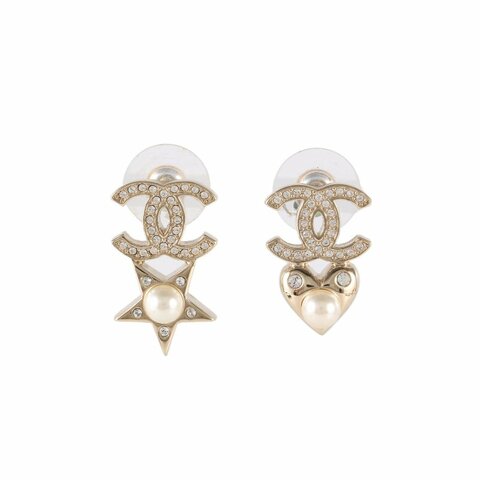 CHANEL 合金五角心愛心不對稱水鑽耳釘耳環