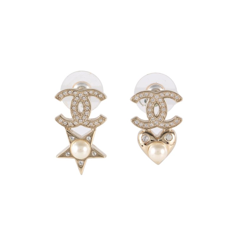 CHANEL 合金五角心愛心不對稱水鑽耳釘耳環-0