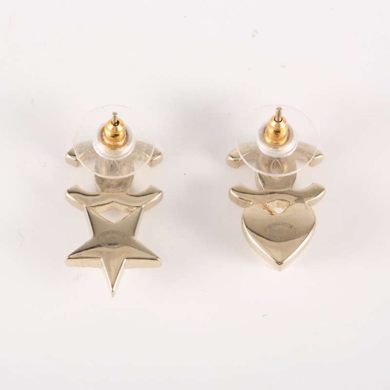 CHANEL 合金五角心愛心不對稱水鑽耳釘耳環-3