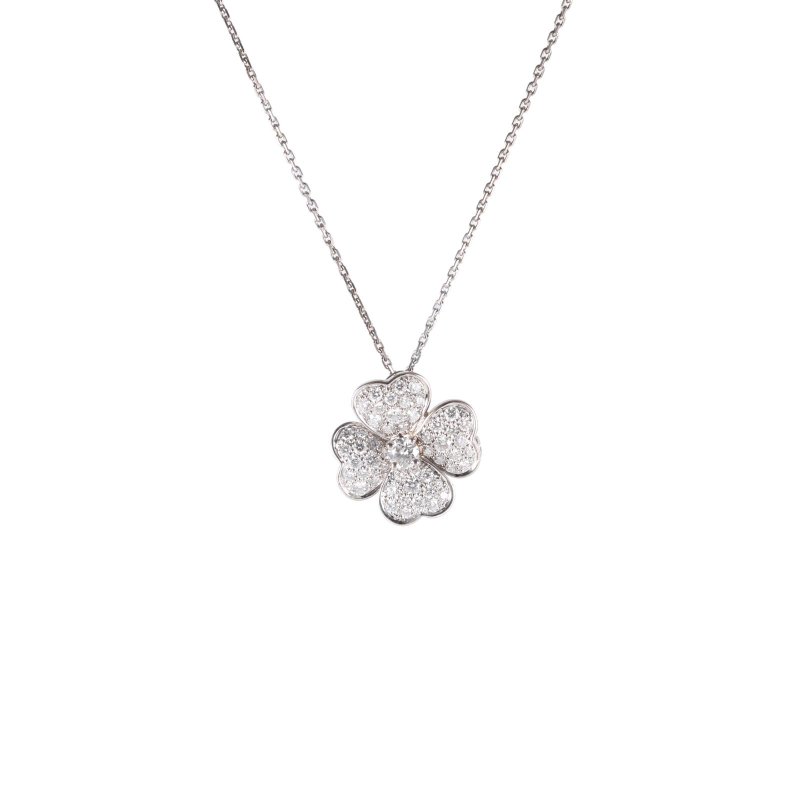 Van Cleef & Arpels 18K白金鑽石白金梵克雅寶18k滿鑽花朵胸針吊墜兩用款23年大全套18K/項鍊-0