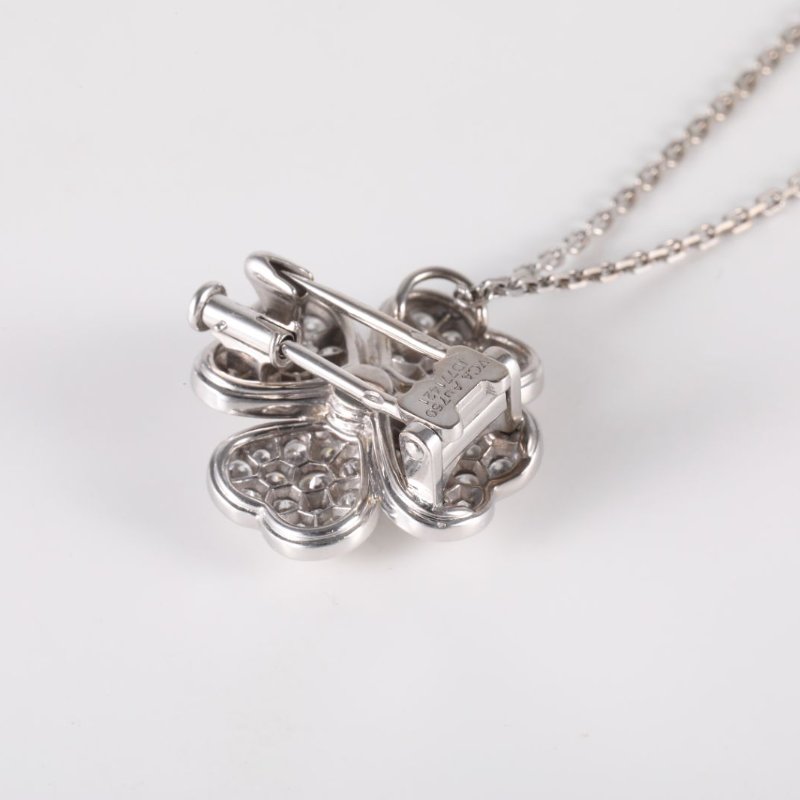 Van Cleef & Arpels 18K白金鑽石白金梵克雅寶18k滿鑽花朵胸針吊墜兩用款23年大全套18K/項鍊-2