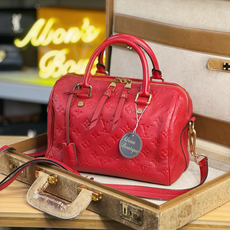 Louis Vuitton 紅色壓紋老花 Speedy 25 / 背帶款🌹絕對好貨-0