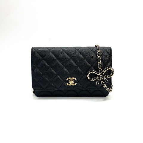 限定版Chanel黑荔枝牛皮金釦蝴蝶結斜背Woc